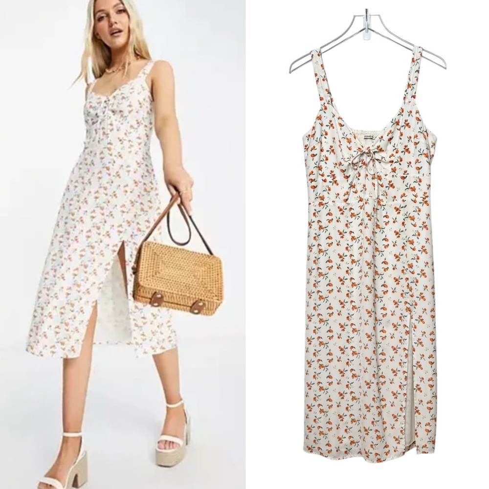 Abercrombie & Fitch Cream Cinch Front Peaches Midi Slide Slit Dress Sz L